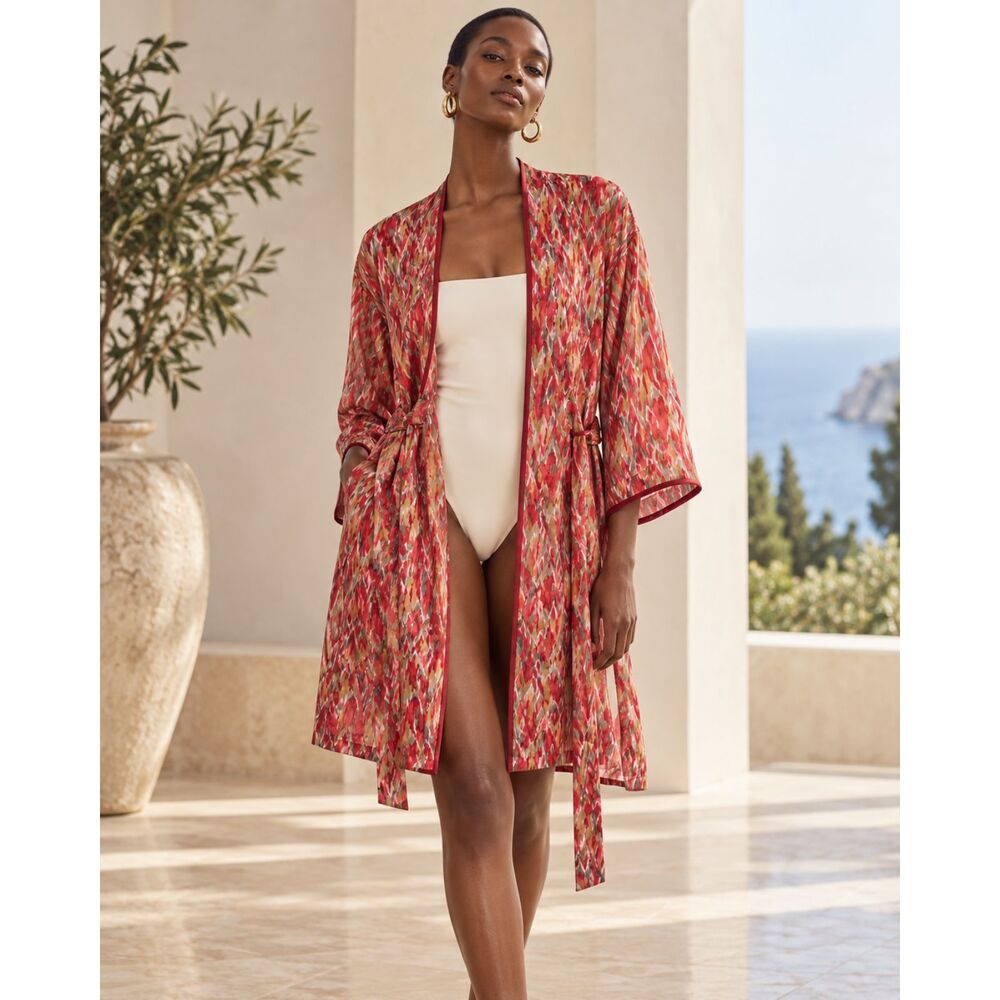 Oscar de la Renta Pink Label Robe Kimono XL Women’s Abstract Print Belted Lounge